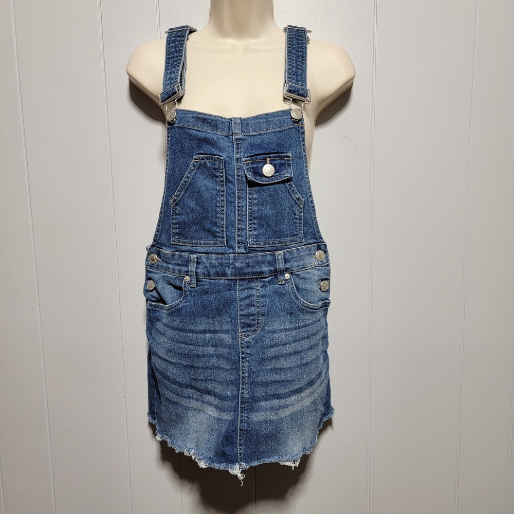 Urban Basics Womens Blue Denim Overall Dress‎ XS Medium Wash Raw Hem Mini Jumper
